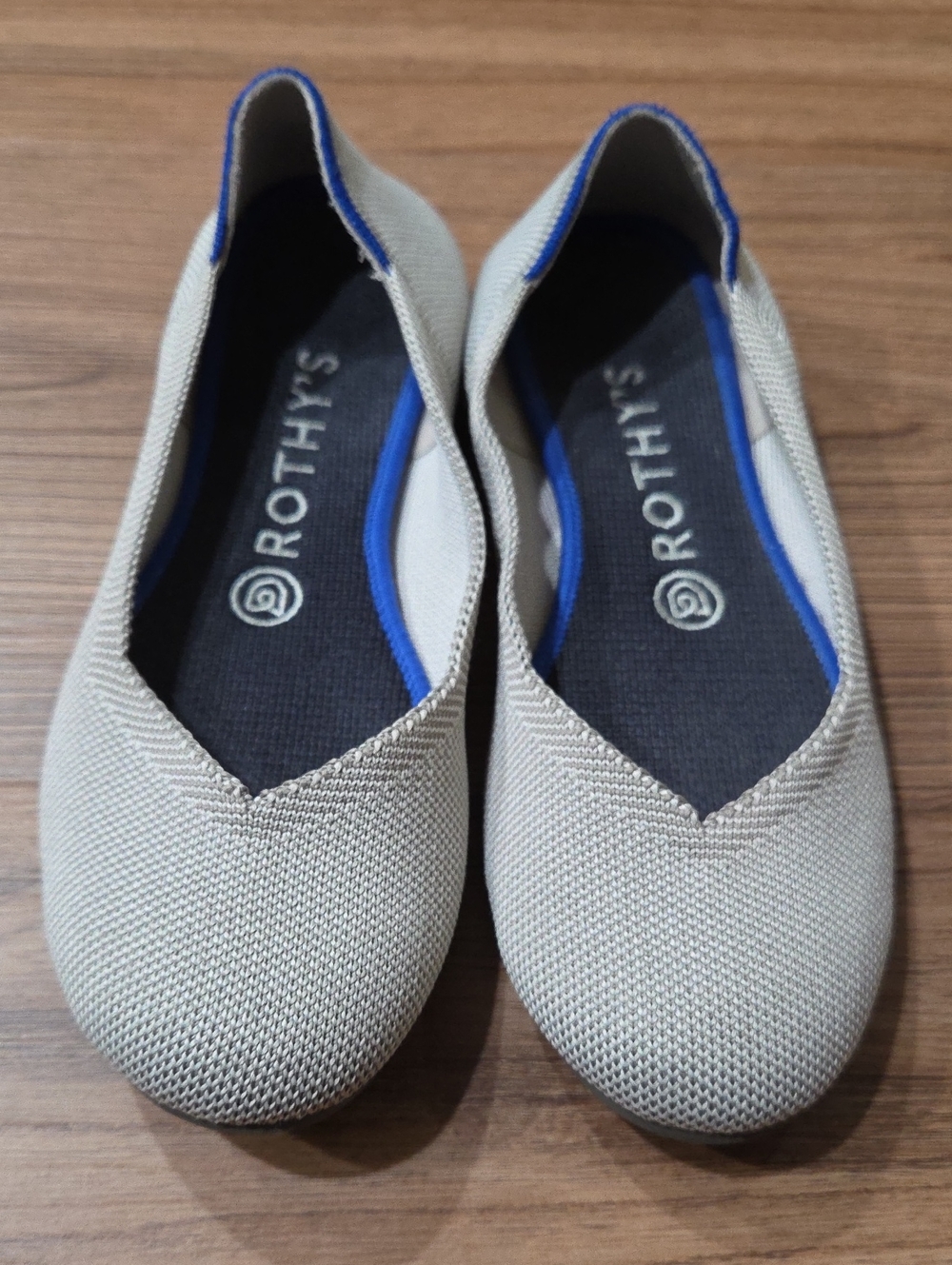 Rothy's Beige Knit Ballet Flats with Blue Trim